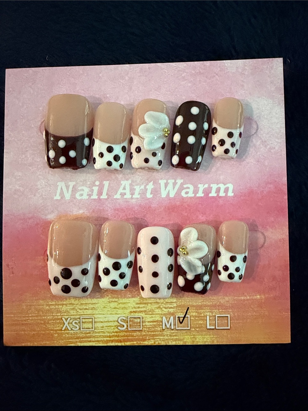 Polka Dot & 3D Floral handmade acrylic Press-On Nails - Brown & White